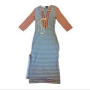 J. Crew XS Striped Lace Up Dress Res White and Blue Midi Color Block 3/4 Sleeve